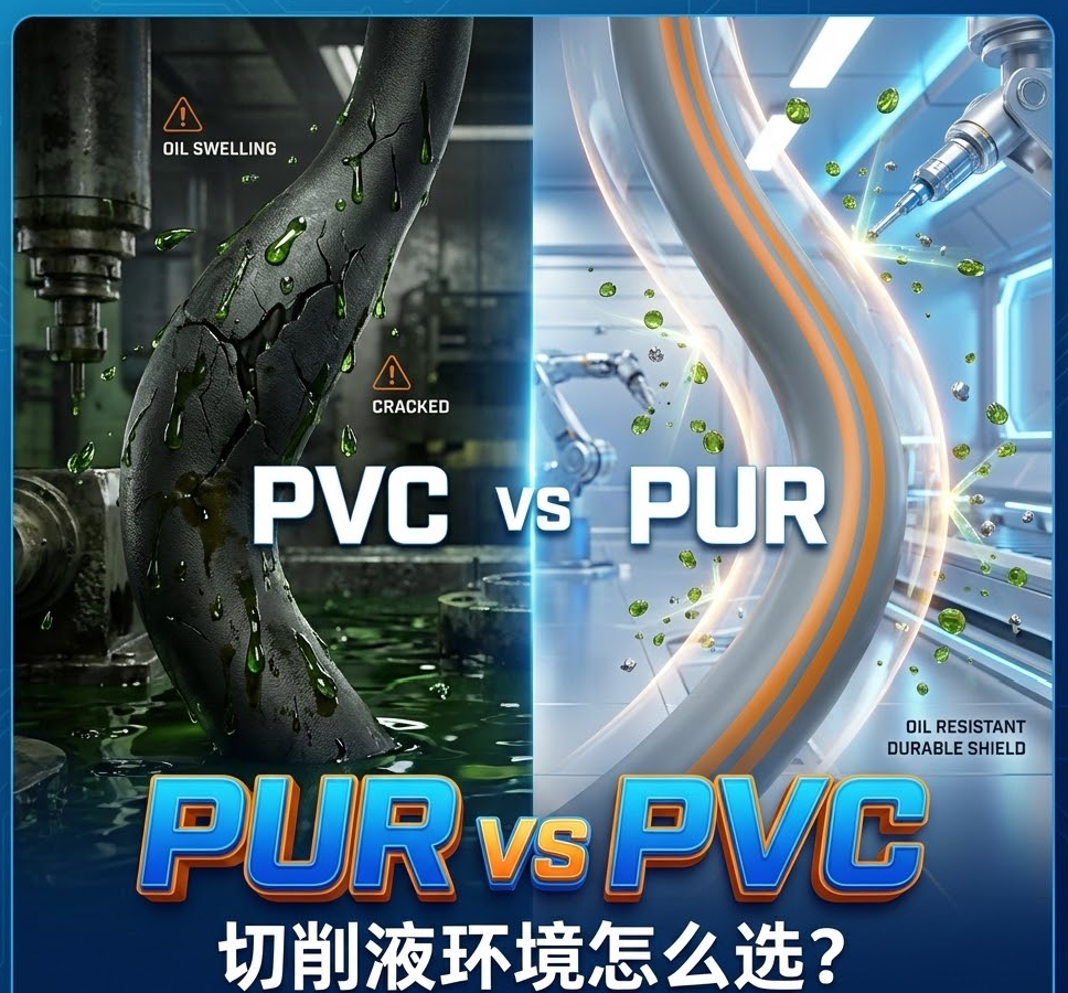 PUR vs PVC：机床切削液情形下，，，，，，你的拖链电缆选对护套了吗？？？？？？？